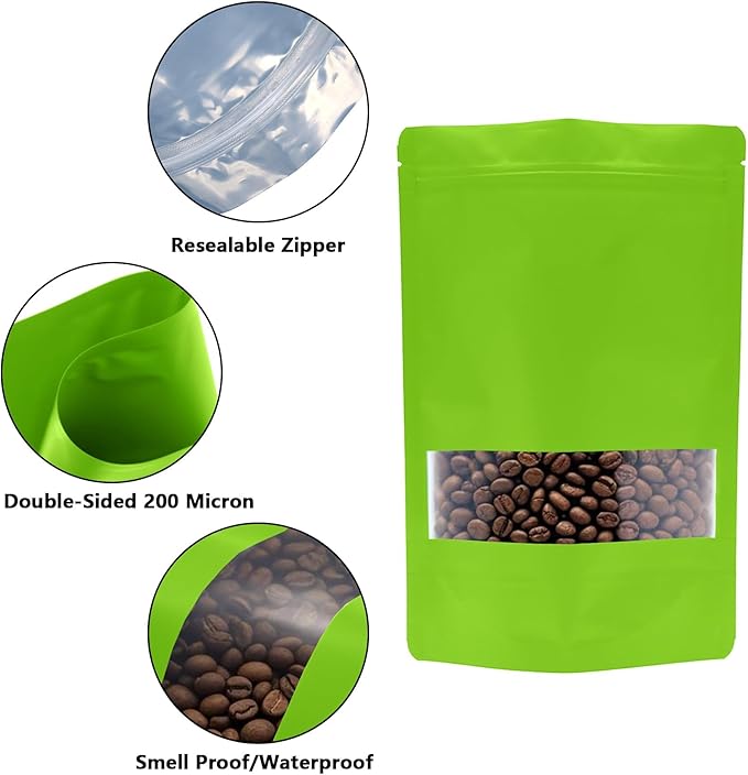 50PCS Foil Pouch Mylar Bags with Clear Window,ULIFESTAR Stand Up Sealable Bags with Tear Notches,Resealable for Food,Party Favors,Gift Packaging and Small Business(18 * 26cm/7.09 * 10.24",Green)