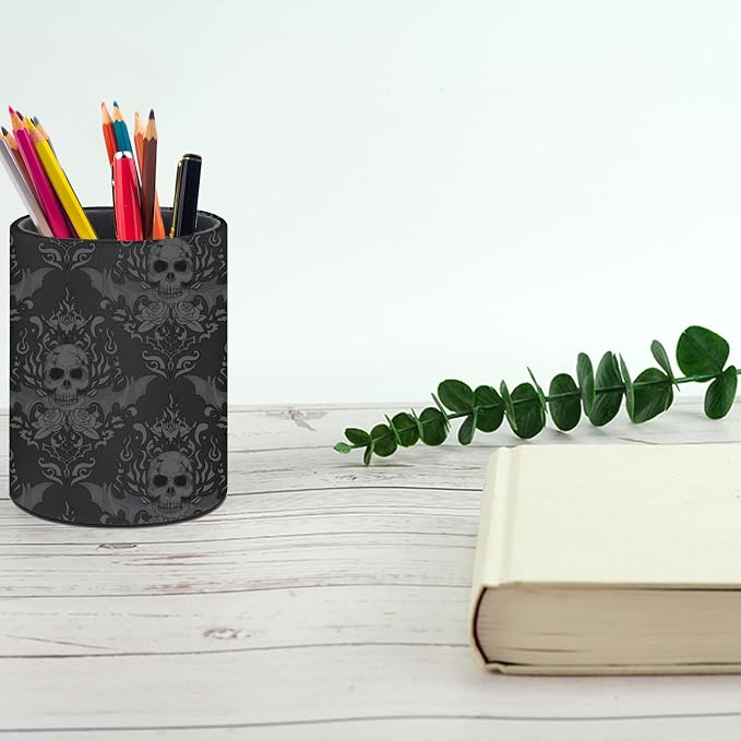Gothic Skull Pen Holder Pencil Cup for Desk Organizer | Cute Makeup Brush Holder PU Multifunctional Office Suppliesfor Decor Home Classroom School