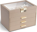 VLANDO Jewelry Box Organizer for Women, 4-Layer Jewelry Storage Case with Glass Lid, Gold Handle, 3 Drawers for Rings, Earrings, Necklaces and Bracelets - Toffee