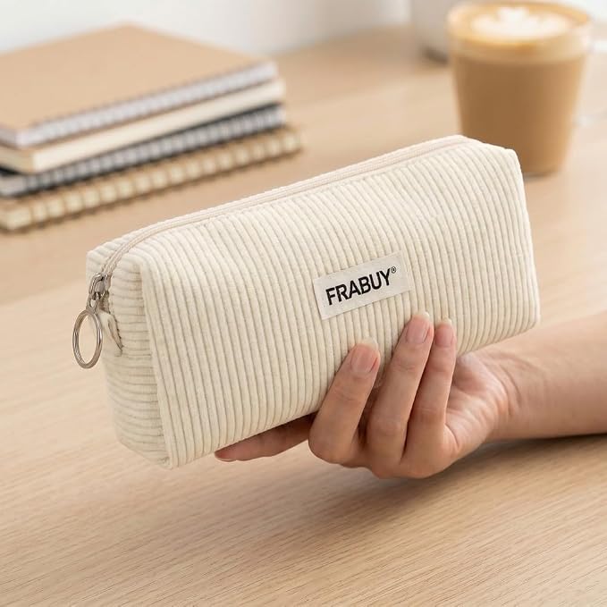 Soft Corduroy Pencil Case Pen Pouch Organizer, Small Stationery Bag | Cute white pencil pouch, smooth zipper, daily cosmetics holder, compact organizer for school teen girls, women
