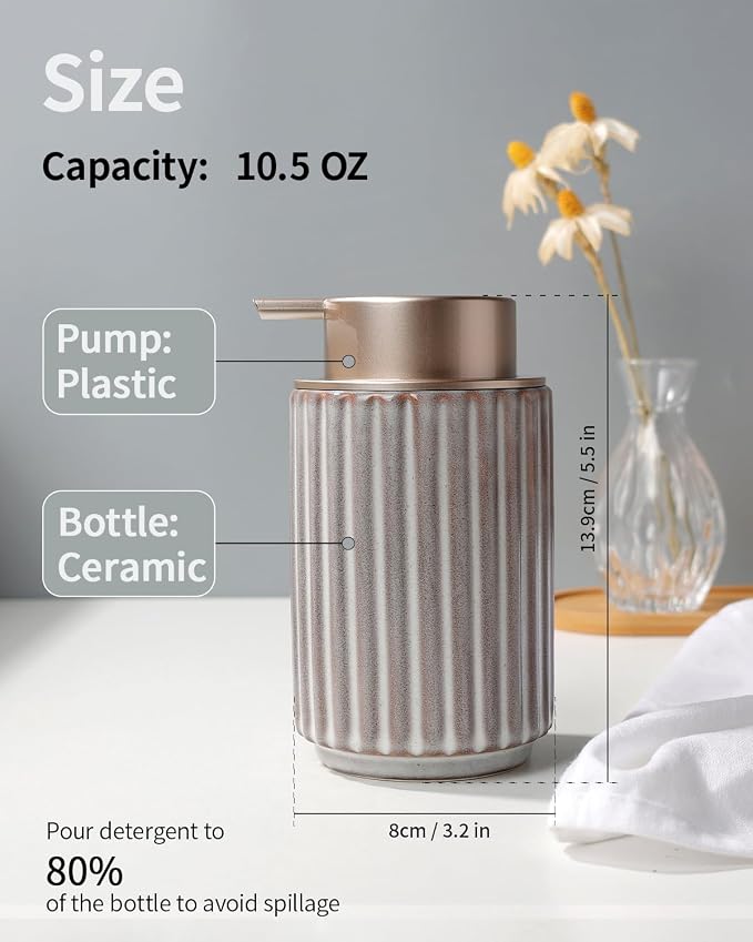 Soap Dispenser, Liquid Ceramic Refillable Hand Soap Pump for Bathroom Kitchen, 10.5OZ Brown Lotion Dispenser Dish Soap Dispenser, Modern Stripe Design, ANTIS'S HOME