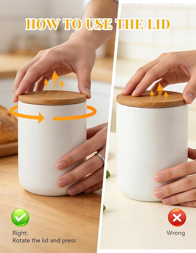 YYW Ceramics Food Storage Jar Canister with Airtight Seal Bamboo Lid, Simple Style Kitchen Canister for Food Storage, Store Coffee, Sugar, Tea, Spices and More (White (33.81oz/1000ml))