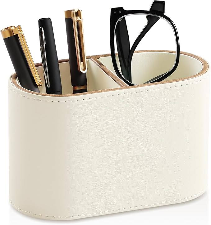 Pen Holder for Desk, Small Remote Control Holder, Beige | 2-Compartment Oval Pencil Cup with Soft Velvet Lining, PU Leather Desktop Organizer Caddy for Home School Office Desk