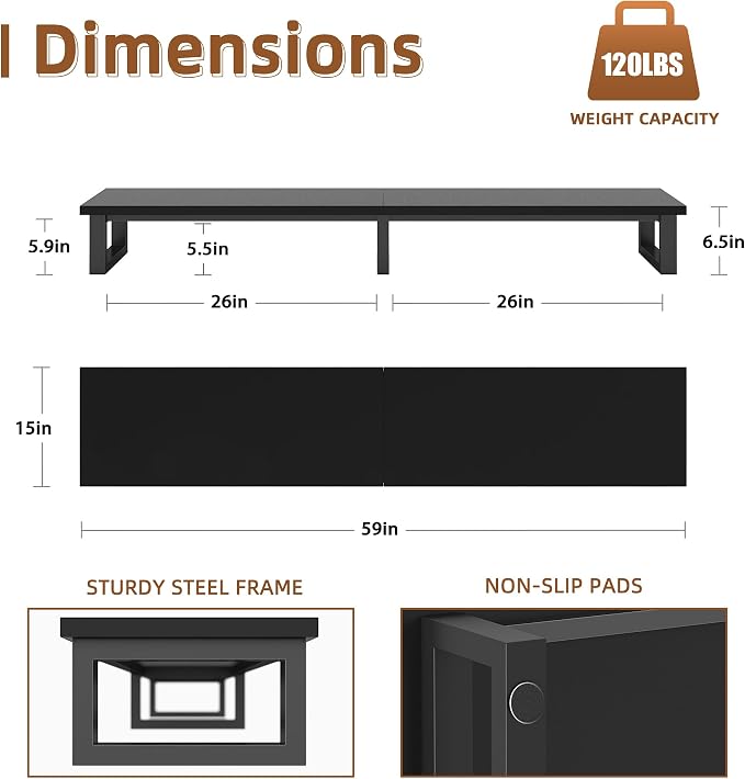 YAOHUOO 59" Large TV Riser for 32-75 inch TV, TV Riser Stand Shelf,Black | Steel Legs,Tabletop TV Stand Riser for Home Office,Fit TV/Monitor/Laptop/Soundbar,6.5"Height,Holds up to 120lbs