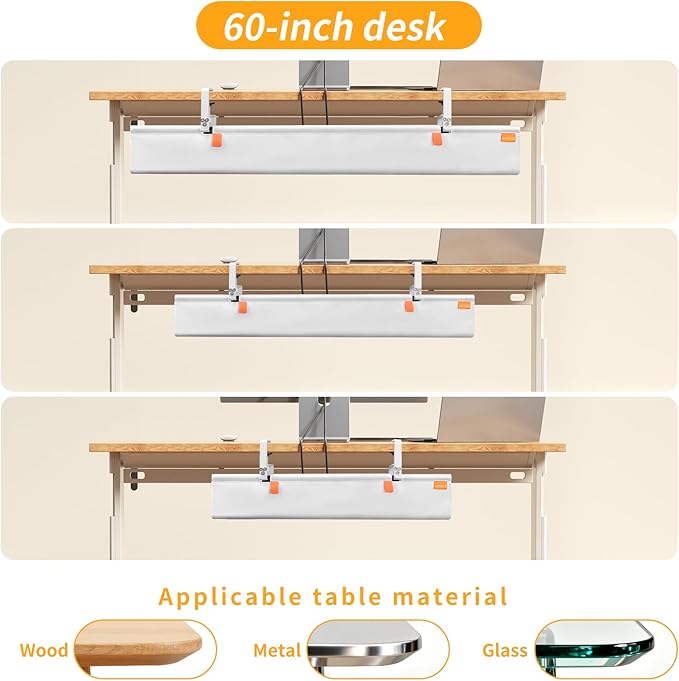 Under Desk Cable Management Tray with Clamp, No Drill 28" Cord Organizer for Desk, Desk Cable Management Fabric Tray for Standing Desks, Ideal for Home & Office - White
