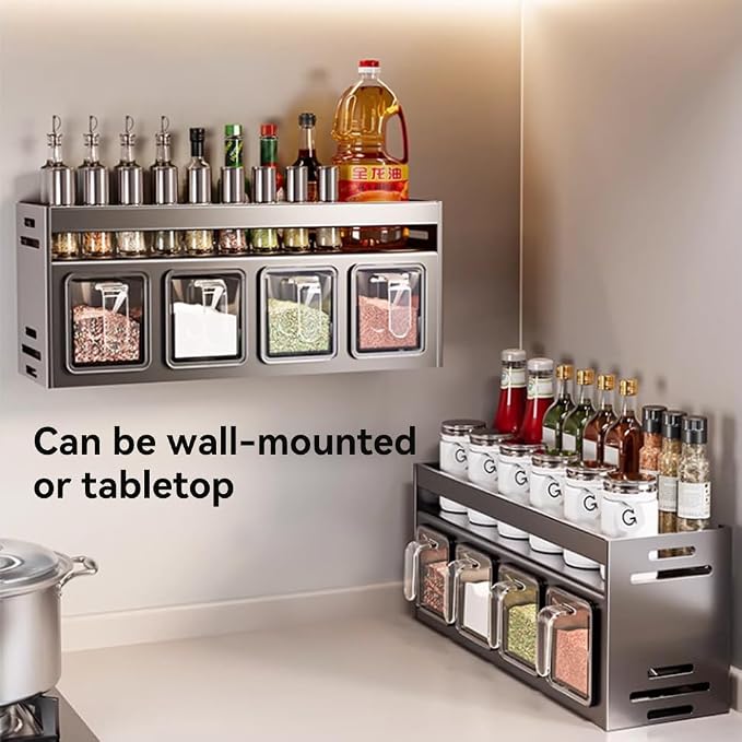 Kitchen Spice Rack Wall Mount Hanging Seasoning Box Over Stove Hanging Shelf Seasoning Jar Organizer for Sugar Salt Pepper (3 Box)