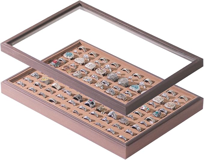 Wood Jewelry Organizer Tray, Rings Holder (Brown, 2Pc, Glass Lid) | Glass Top Rings Display, Dust-Proof Rings Organizer, Rings Tray Display, Elegant Jewelry Storage