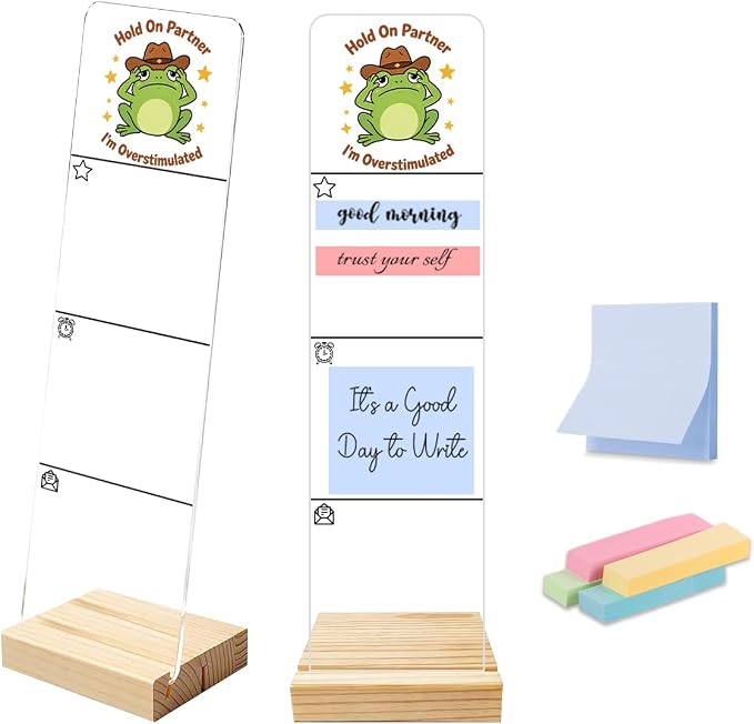Monitor Memo Board, Sticky Note Holder, Sticky Note Board for Desk, Acrylic Desk Buddy with Wooden Base, Includes 200 Notes, Featuring Cowboy Frog Hold On Partner I’m Overstimulated Funny Quote