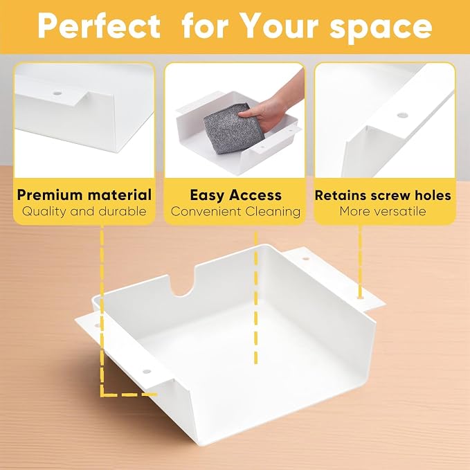 4 Pack Under Desk Hanging Shelf Drawer Organizer, Attachable Plastic Hidden Storage Tray, Easy Adhesive Mount Holder for Standing Tables, Office, Counters, Cabinets, Workstations - White