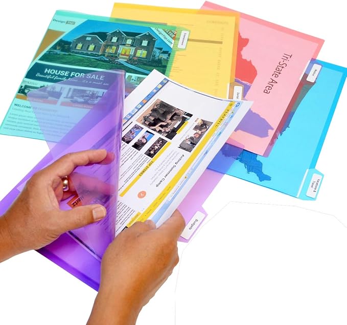 Ultimate Office PocketFile™ Clear Poly Document Folder Project Pockets, 5th-Cut, Letter Size, in 5 Assorted Colors, Set of 50