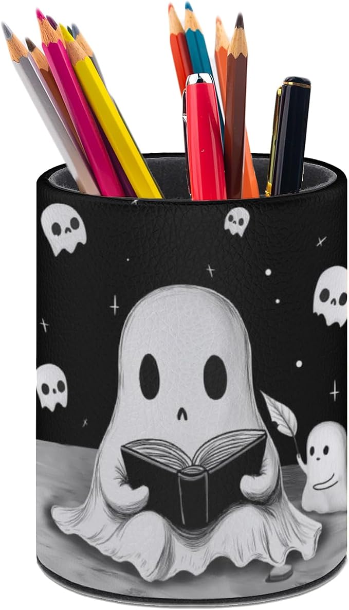 Cute Ghosts Pen Holder Pencil Cup for Desk Organizer | Cute Makeup Brush Holder PU Multifunctional Office Suppliesfor Decor Home Classroom School
