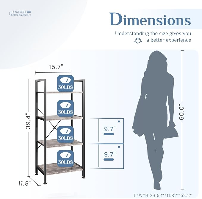 DUMOS 4 Tiers Open Bookshelf, Classic Freestanding Tall Display Shelf | Multifunctional Storage Organizer Rack for Living Room Home Office, Sturdy Bookcase for Books/Movies, Wood Grey