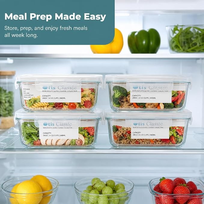 otis classic Glass Food Storage Containers With Locking Lids - Meal Prep Containers - Lunch Bento Boxes - 1 Compartment - 4pk-28oz Box Set - Transparent Lids - BPA Free and Dishwasher Safe
