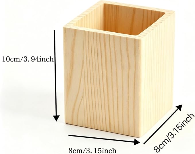 2 Pack Square Unfinished Wooden Pencil Holder 3"x3"x4" Wood Pen Cup for DIY Crafts Makeup Brushes Home Office Desk Organizer Storage