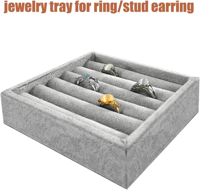 SCIKHETF Velvet Ring Earrings Studs organizer Tray Small Ring Insert Display Tray 5 Slots Stackable (Grey)