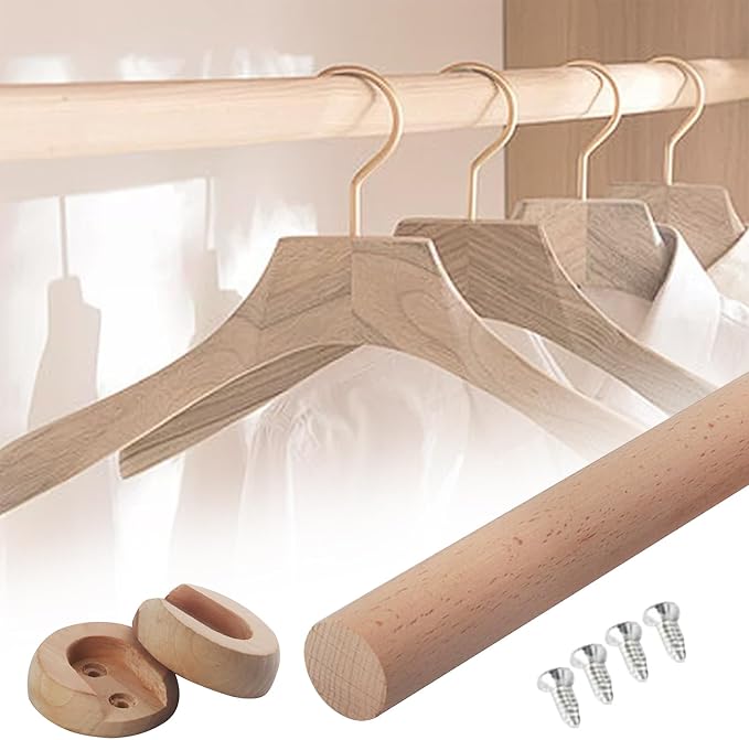 Solid Wood Closet Rod Heavy Duty Wooden Hanging Clothes Bar Cut To Size Custom Length Smooth Straight Wood Dowel Rods Long Wooden Stick Curtain Rod Wood Pole (Dia 1 3/16′′,L20in)