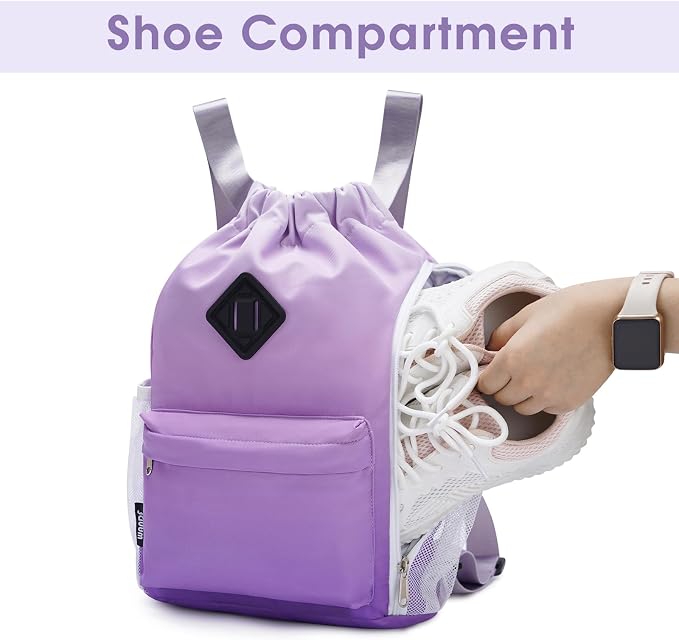 WANDF Drawstring Backpack with Shoe Compartment, Sports Gym Bag | Multi-Pocket Storage, Water-Resistant Fabric, Cinch String Bag