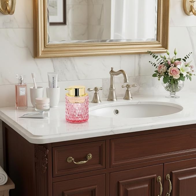 10 Oz Glass Hand Soap Dispenser with Pump, Refillable Bathroom Gold Foaming Soap Dispenser, Vintage Glass Diamond Lotion Container Bottle for Bathroom and Kitchen (1, Pink and Gold)