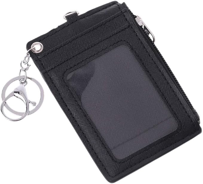 Portable PU Leather Business ID Card Credit Badge Holder Coin Purse Wallet Keychain Black