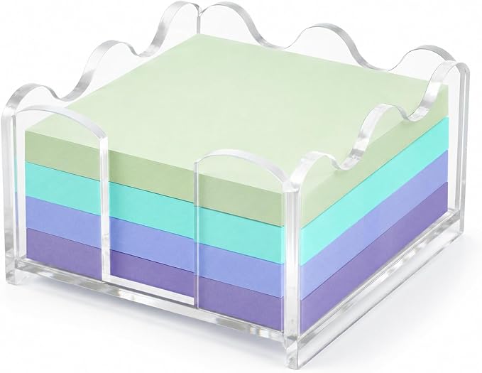 Clear Acrylic Sticky Note Holder Wavy Memo Pad Dispenser for Desk Storage | Acrylic Material, Elegant Wavy Border, Crystal Clear View, Compact Desk Organizer, Easy Access Top Opening