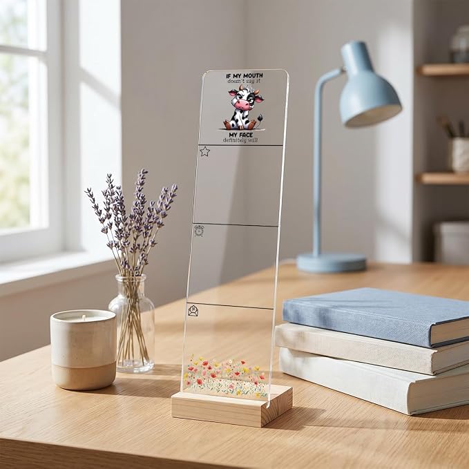 Sticky Note Holder, Monitor Memo Board, Acrylic Post It Note Holder with Wooden Base, Includes 200 Notes, Desk Organizer, Funny Cow Quote “If My Mouth Doesn’t Say It”