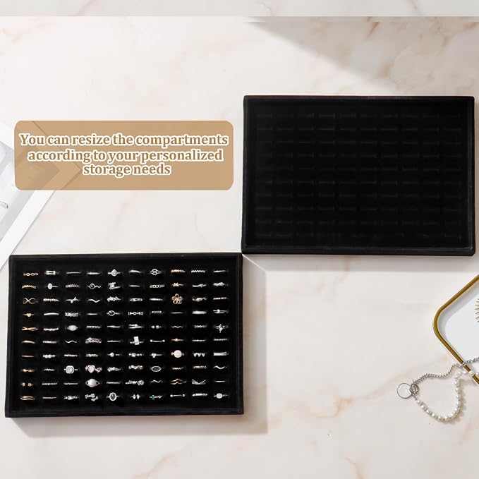 Large Jewelry Organizer for Drawer Insert Velvet Stackable Jewelry Trays for Earring Necklace Bracelet Ring Display (Black, Ring 100 Slots)
