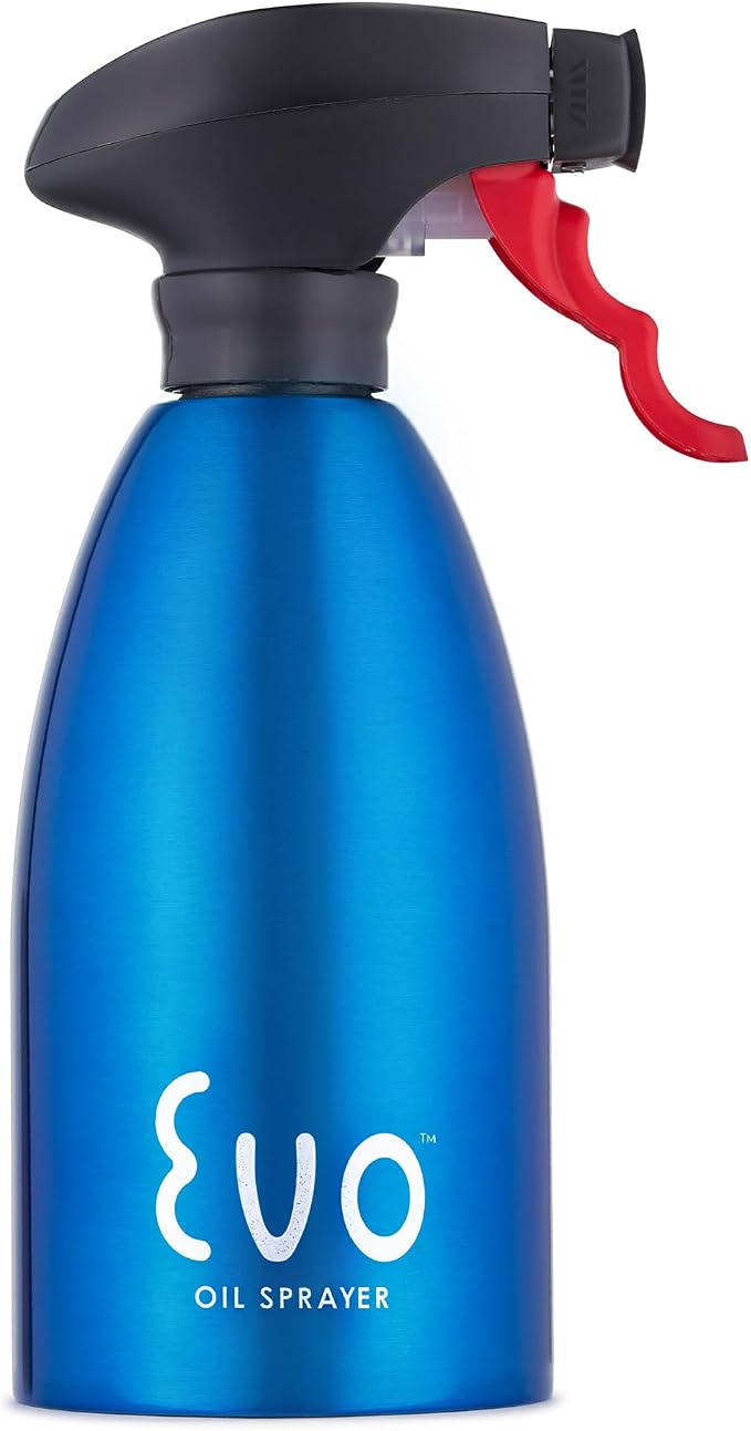 Evo Oil Sprayer 18/8 Stainless Steel, Non-Aerosol for Olive, Cooking Oils, and Vinegars, Blue, 16-Ounce Capacity