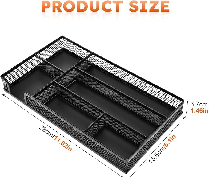 Desk Drawer Organizer, Office Metal Mesh Drawer Divider Organizer Tray with 6 Compartments, Pen Organizer for Desk Drawers Tray Desktop Accessories(COLOR:Black)