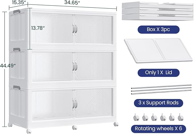 720QT Extra Large Stackable Storage Bins with Lid & Wheels & Doors, 180Gal Foldable Collapsible Closet Organizers, Plastic Cabinet Box Container Drawer for Home Kitchen Bedroom, 3Pack White
