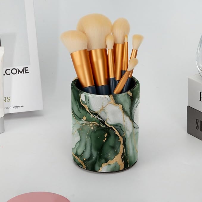 Faux Leather Pen Holder for Desk, Pencil Organizer Green Marble Texture Pen Cup Desk Decor Makeup Brush Holder Storage for Office Home