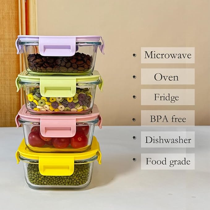 8 Pcs Square Glass Food Storage Container with Lids, 16OZ Square Glass Meal Prep Containers Set, 2 Cup glass Food Storage for Lunch Salad, Microwave, Oven, Freezer, Dishwasher Safe (4 Pack)