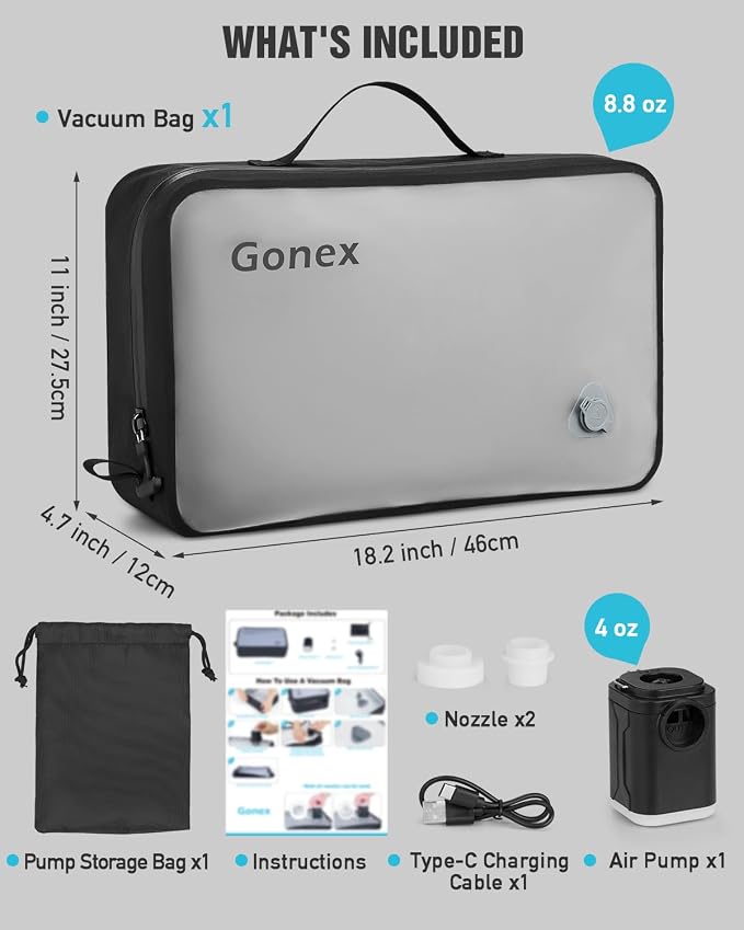 Gonex Vacuum Travel Bags with Pump, Reusable, 1-Pack | Transparent Window, Waterproof TPU, Wide Opening, Built-in Handle, Airtight Valve, Carry-on Compatible