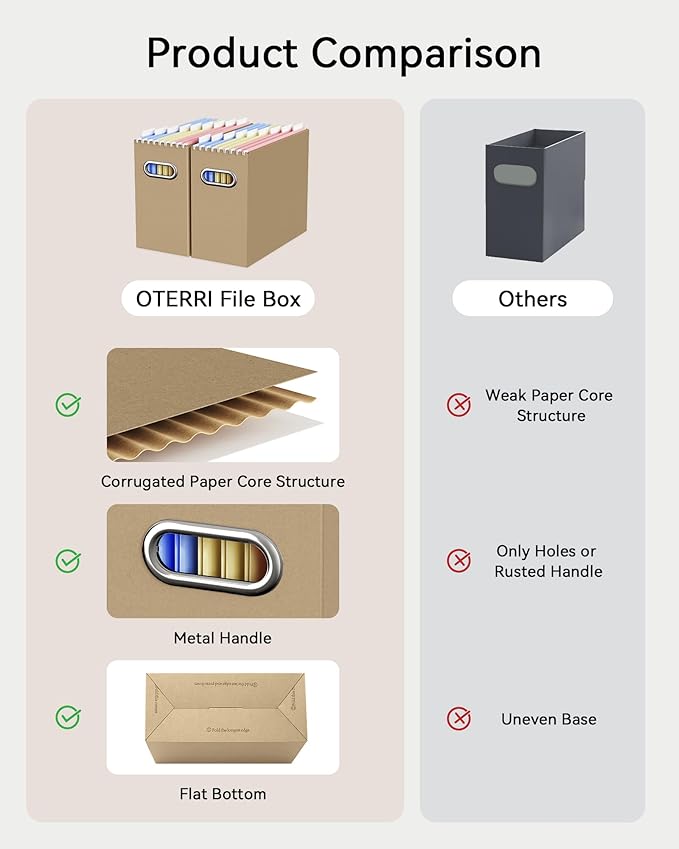 Oterri File Organizer Box, Portable Collapsible Cardboard File Folder Organizer with Handle for Letter Size Hanging Files, Document Storage Box for Home Office & Classroom (6 Packs, Brown)
