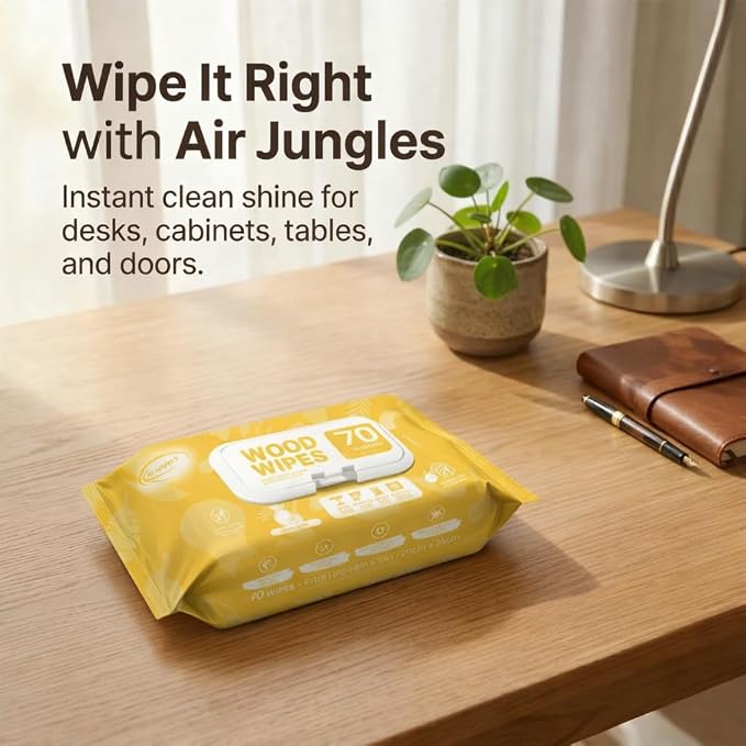 Air Jungles Wood Furniture Cleaner Wipes 70 Count (2 Packs), XL 8x10 Inch | Clean, Protect, Polish Wood Tables, Chairs, Cabinets, Desks, With Vitamin E Gentle For Skin, Lemon Scent