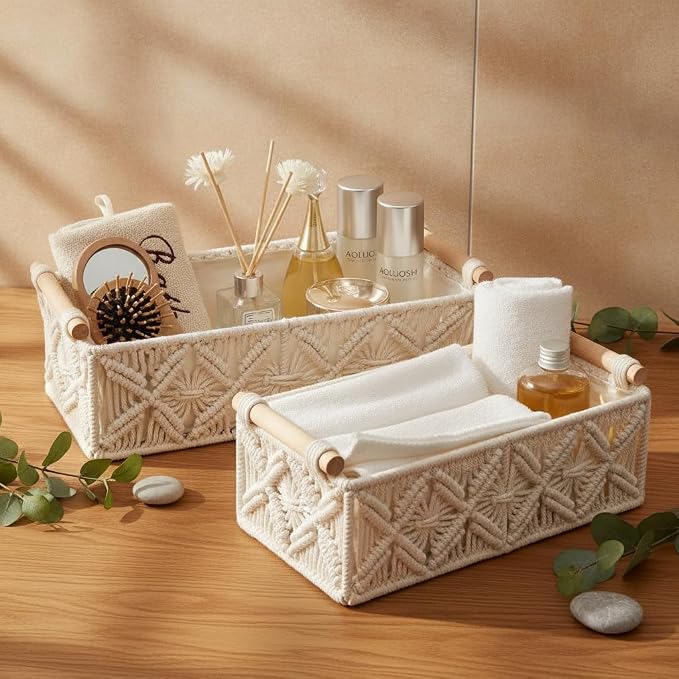Macrame Storage Basket Boho Decor Baskets for Organizing Woven Decorative for Countertop Toilet Paper Basket for Tank Top for Home Decor Bedroom Nursery Livingroom Entryway (Set of 2)