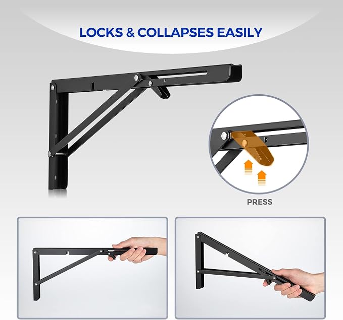 Ravinte Matte Black Folding Shelf Brackets, 16 Inch, 4 Pack | Collapsible Bracket Design, Table And Bench Support, Space-Saving Shelf Setup, For Worktops, Laundry Rooms, Garage Projects