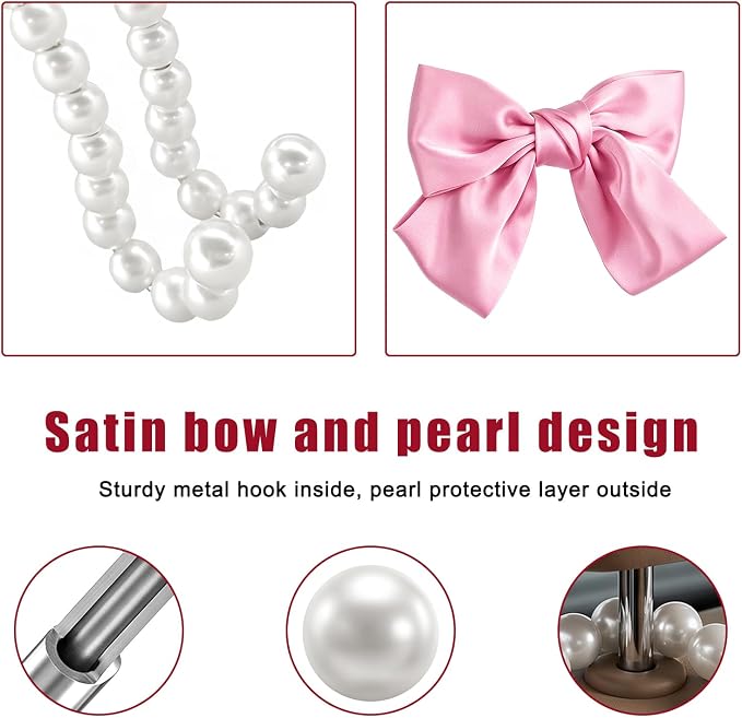 2 PCS Bow Pearl Car Seat Headrest Hook, Car Seatback Hanging Organizer Elegant Pearl Purse Hanger, Cute Bow Vehicle Interior Headrest Storage Hook for Handbag Purse Coat (Pink)