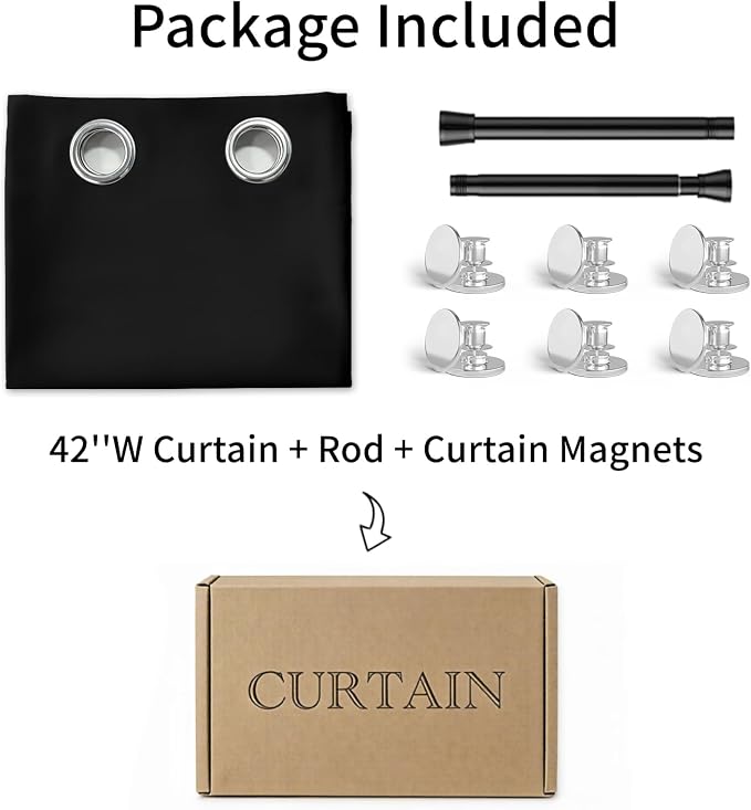 Vatge Magnetic Door Curtain with Rod - W42 x L80, 1 Panel, Black, Thermal Insulated Blackout Curtain for Room Darkening, Temporary Doors for Privacy