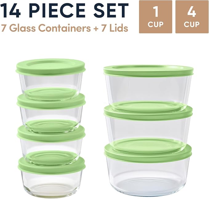 14-Piece Glass Food Storage Containers Set (7 Containers + 7 BPA-Free Lids) | 1-Cup & 4-Cup, Leakproof | Microwave, Freezer, Oven & Dishwasher Safe | Ideal for Meal Prep & Pantry Organization, green