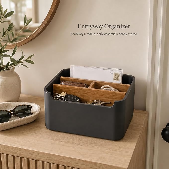 Remote Control Holder, Desk Organizer with Removable Dividers,Black | 5-compartment resin and wood organizer holds remotes, pens, glasses, and media devices for desk, coffee table, or nightstand