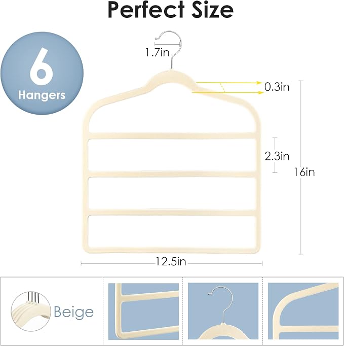 Velvet Hangers Space Saving Non Slip Pant Velvet Hangers, DUDUCOFU 6 Pack Beige Multi Layer Clothes Hangers Closet Organizer for Pants Trousers Scarf