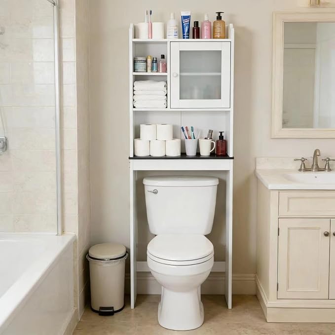 ZENY Over The Toilet Storage Cabinet, Bathroom Organizer with Adjustable Shelf and Double Doors, Freestanding Bathroom Space Saver Toilet Rack (White)