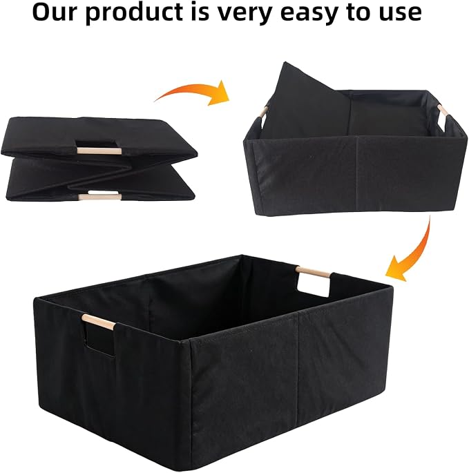 2 PACK Black Basket Black Storage Baskets Linen Decorative Storage Bins with Wooden Handles Foldable Rectangular Storage for Shelves, Closets, Home, Office