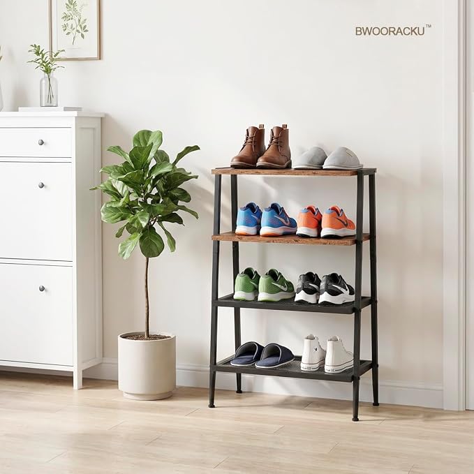 A-Shaped Shoe Rack for Entryway, 4-Tier Heavy-Duty Shoe Organizer | Wooden Top, Mesh Shelves, Space-Saving Shoe Storage Shelf, 25.28"H, Holds 8 Pairs, for Bedroom, Hallway, Garage,Rustic Brown