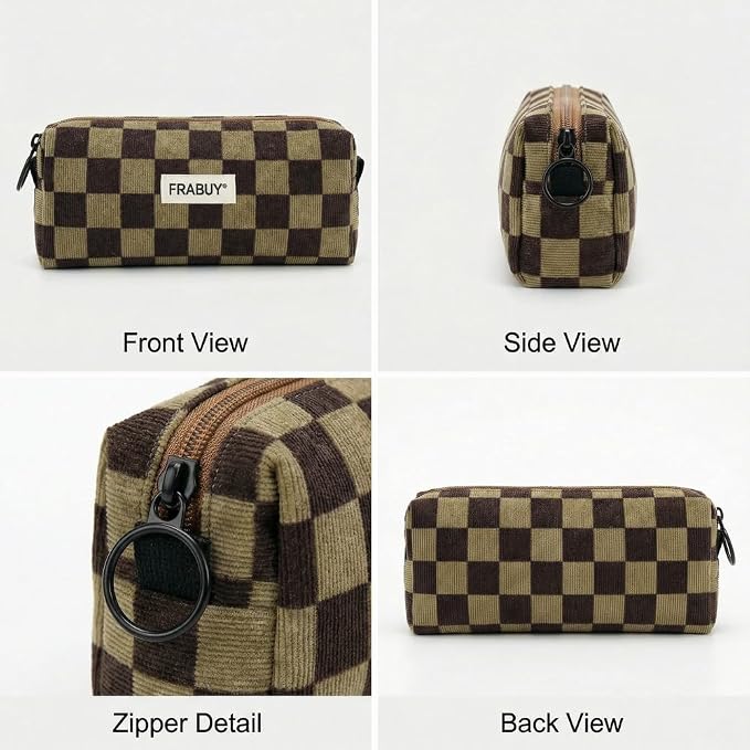 Soft Corduroy Pencil Case Pen Pouch Organizer, Small Stationery Bag | Cute Dark Brown Checkerboard pouch, smooth zipper, daily cosmetics holder, compact organizer for school teen girls, women