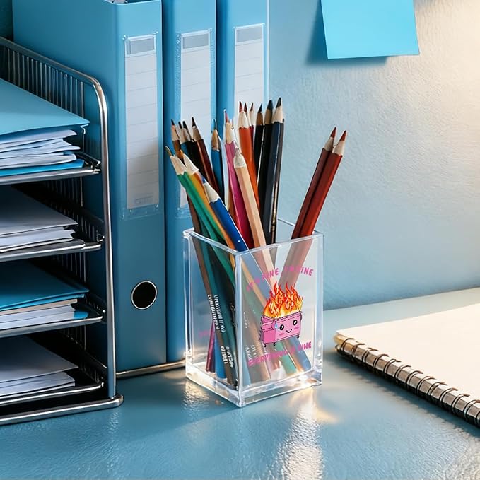 It's Fine I'm Fine Everything Is Acrylic Makeup Brush Pencil Holder Cup, Funny Pink Dumpster Fire Pen Holder Gifts For Friends HR Nurse, Office Gifts for Women Coworker, Pencil Cup for Desk