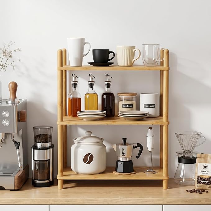 3-Tier Bamboo Coffee Bar Organizer,Coffee Bar Accessories, Mul-tifunctional Wooden Beaded Coffee Station Countertop Stand Shelf for Kitchen Home Office,Counter Riser Display Shelf for Top of Desk Home