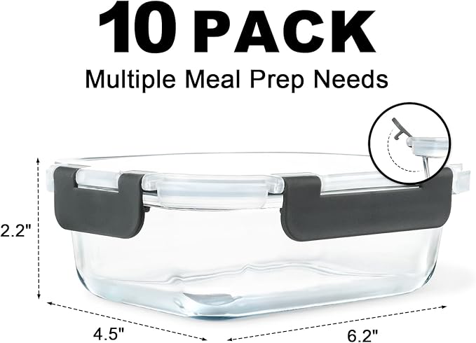 KAMOTA Glass Food Storage Containers, 10 Pack Glass Meal Prep Containers, Airtight Containers with Snap-Lock Lids, 22 oz Grey Container Set with Lids, for Microwave/Oven/Freezer/Dishwasher