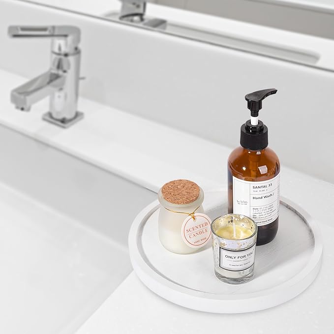 Round Decorative Tray Farmhouse Kitchen Decor Soap Dish, 9" White | Waterproof, Lightweight, Easy Clean, Wood Riser Pedestal Stand Accessories for Office Desk, Vanity, Counter, Sink