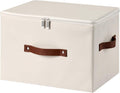 Storage Bin Box with Zippered Lid Decorative PU Leather Basket | Foldable Washable Stackable Clothing Container, Lidded Shelf Closet Organizer, with Handles & PP Plastic Boards, Beige-Large